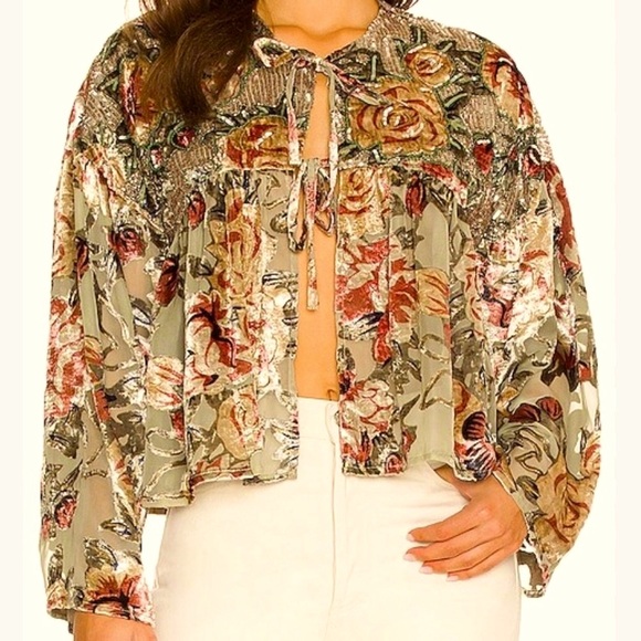 Free People Elsa Crushed Velvet Floral Sequin-Embellished L Tie-Front Green Pink - Picture 8 of 9